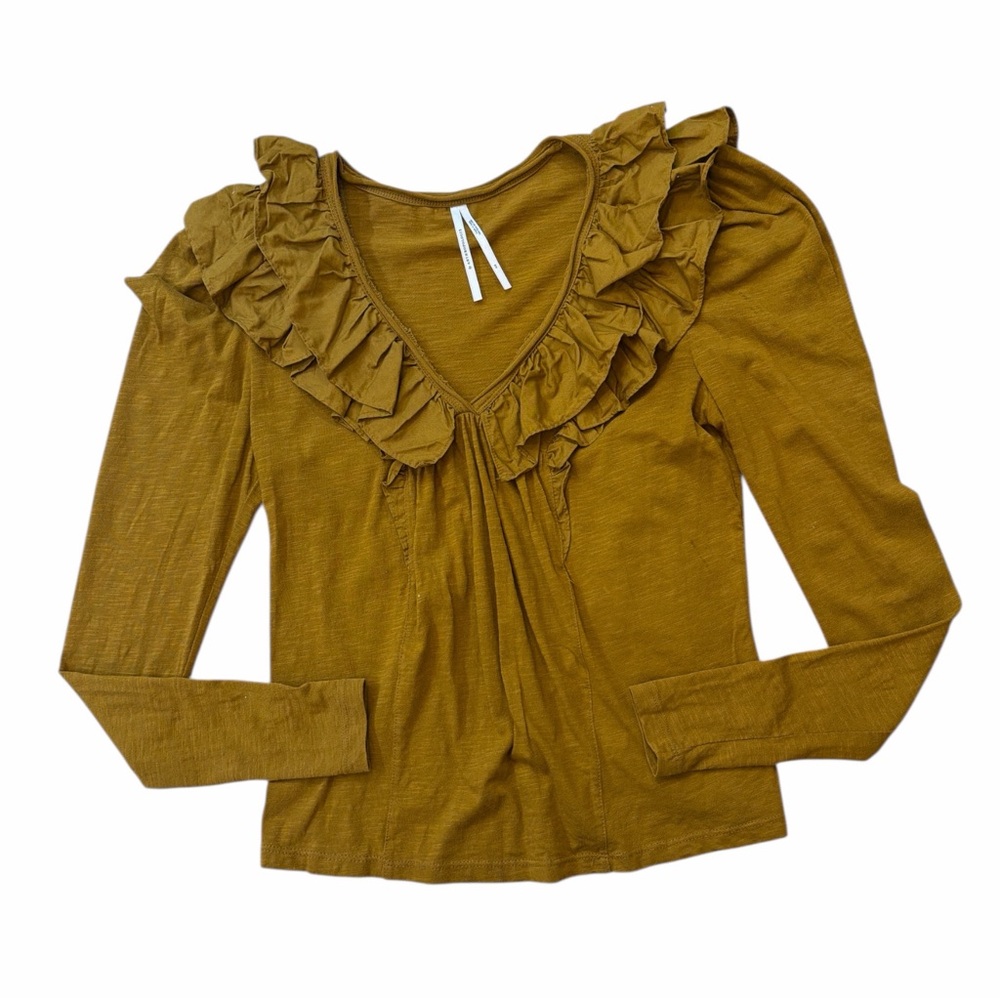 Anthropologie V Neck Ruffled Mustard Long Sleeve Top